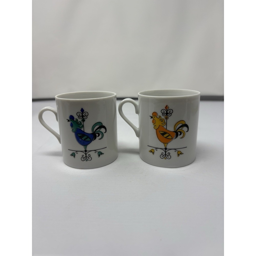 Edwin Knowles 1960's Mugs Rooster Weathervane Set Orange‎ Blue Cottage Farmhouse